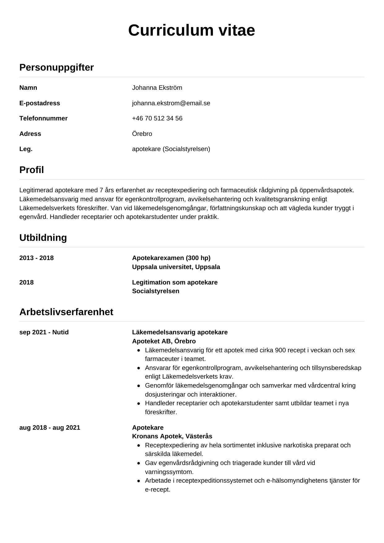 CV-mall Enkel — gratis CV-mall för din ansökan