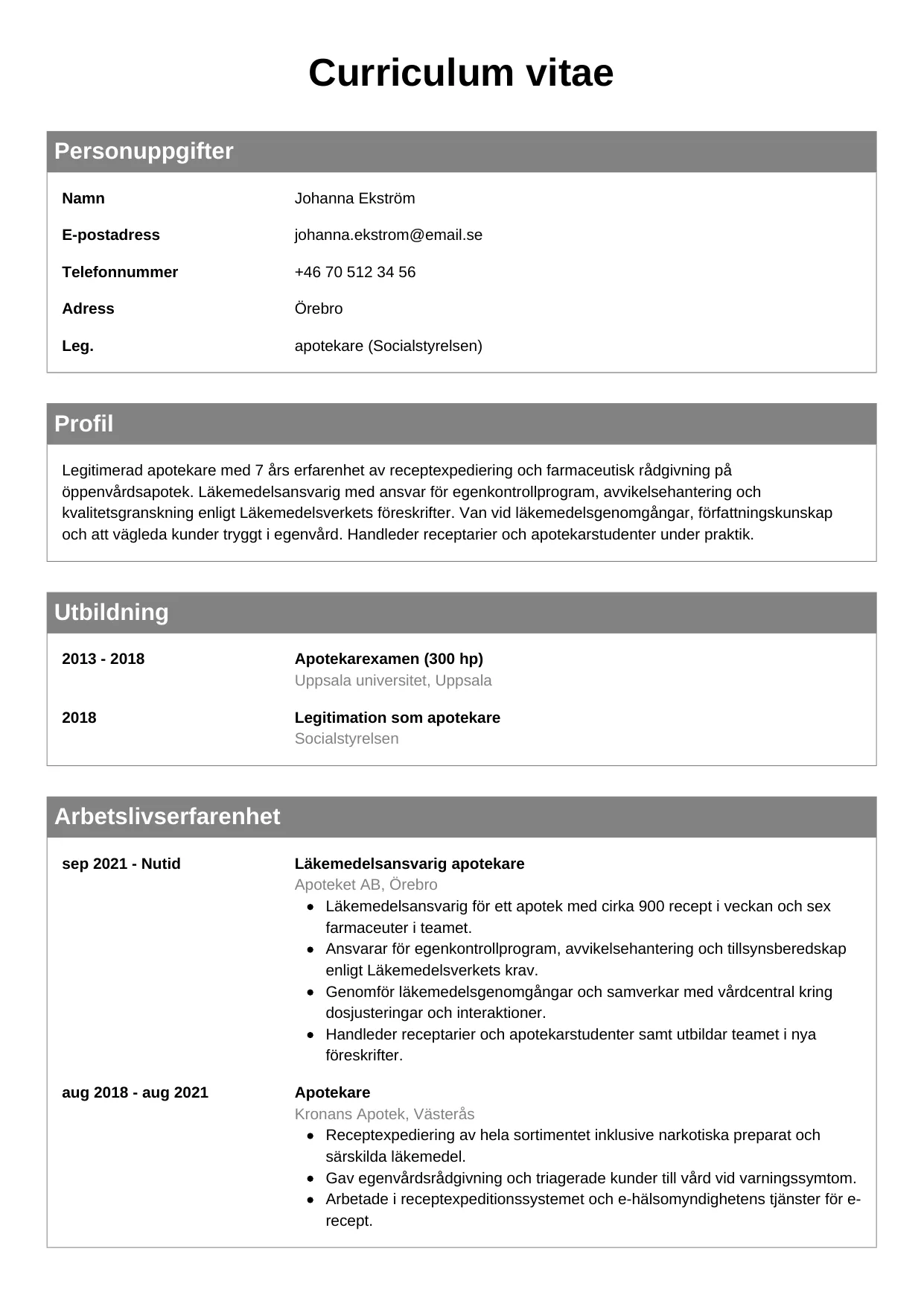 CV-mall Klassisk — gratis CV-mall för din ansökan
