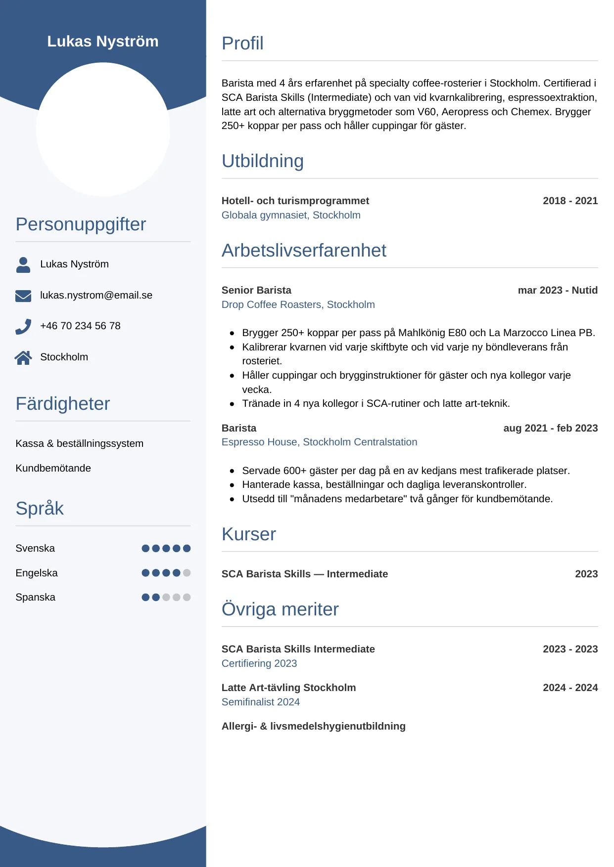 CV-mall cirkular för barista
