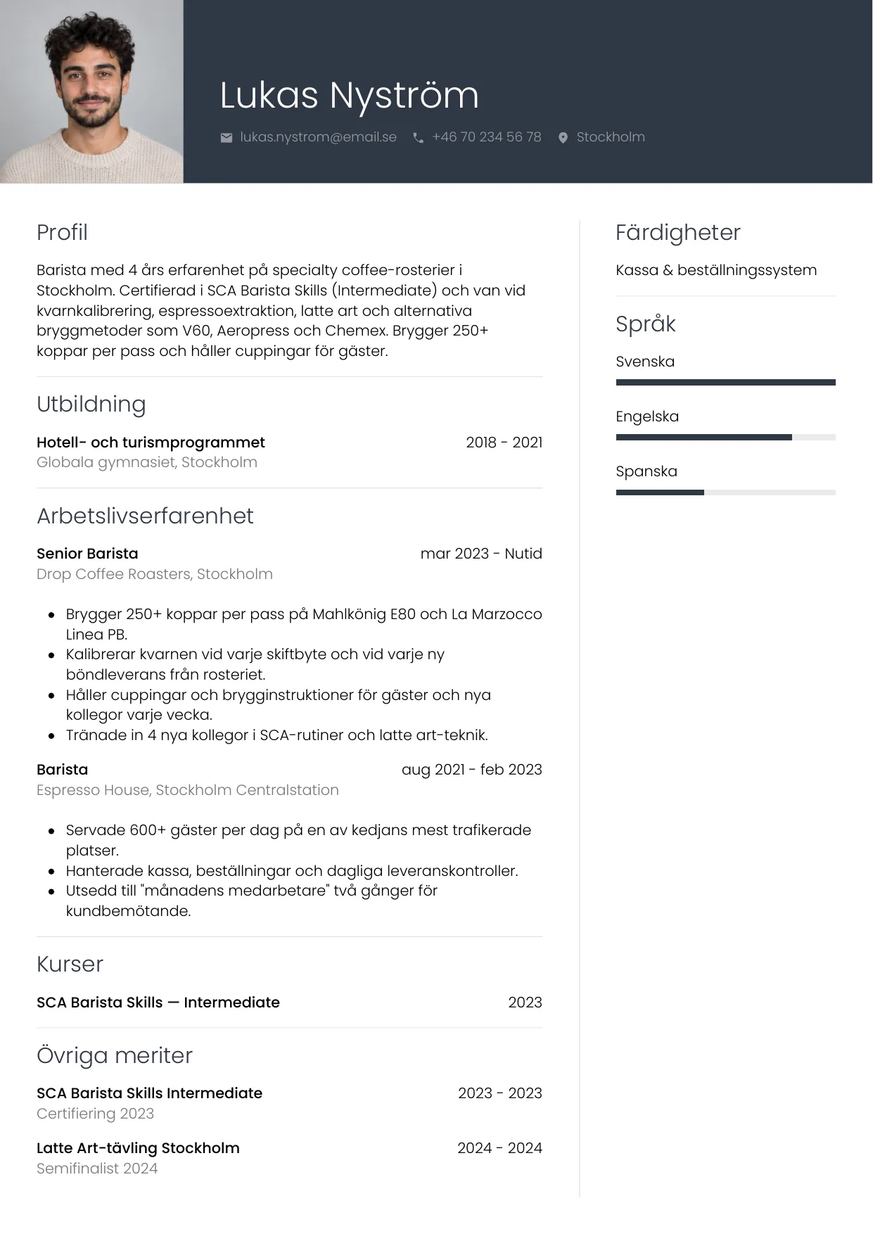 CV-exempel Barista med foto