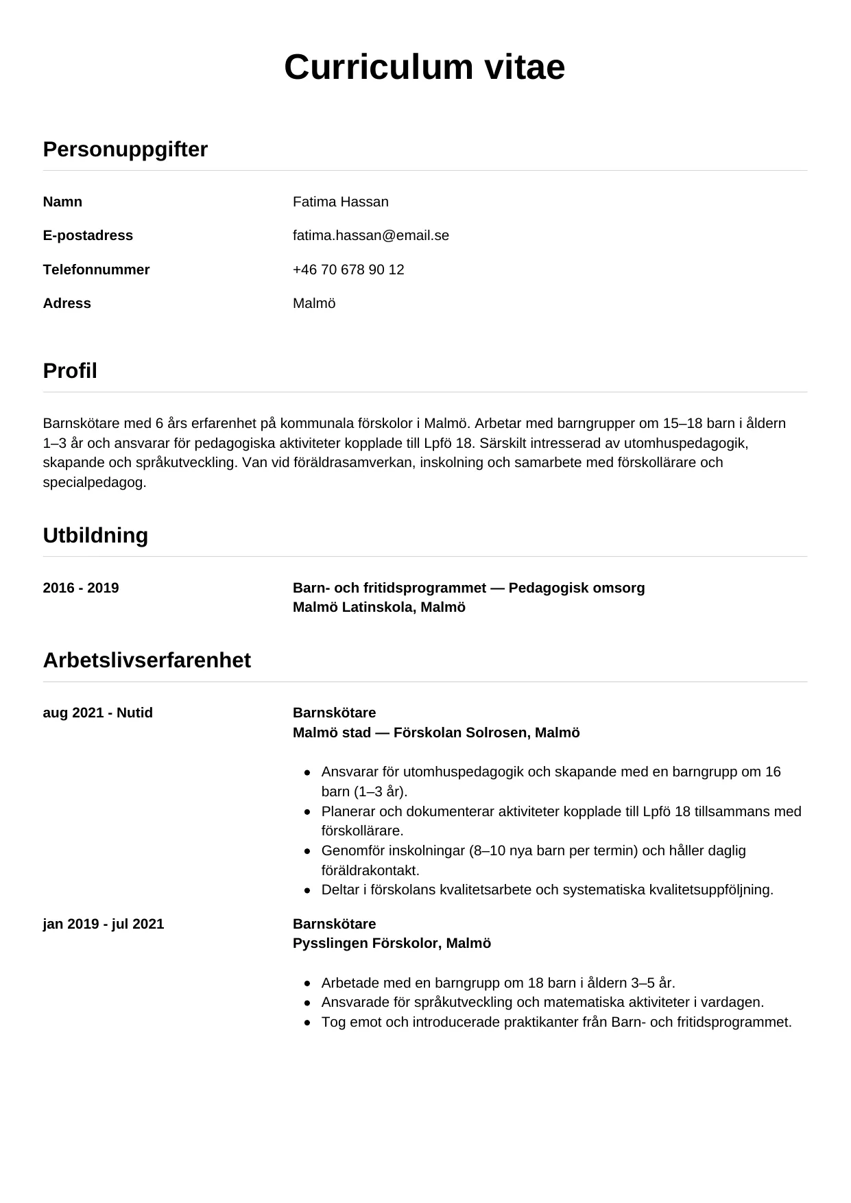 CV-mall Enkel — gratis CV-mall för din ansökan