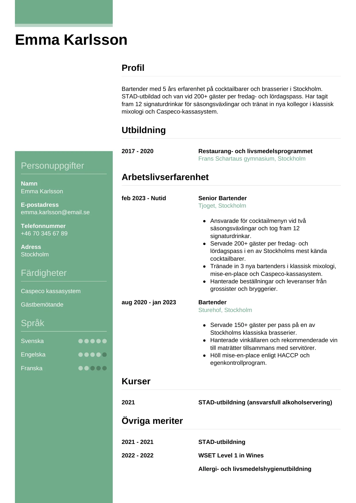 CV-mall casual för bartender