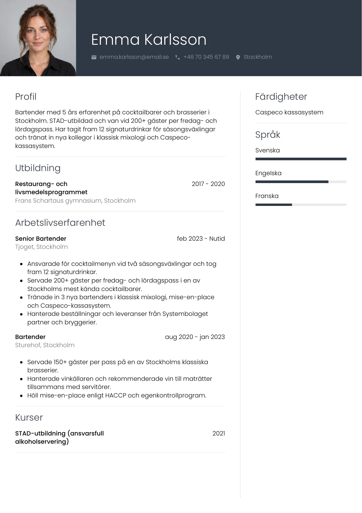 CV-exempel Bartender med foto