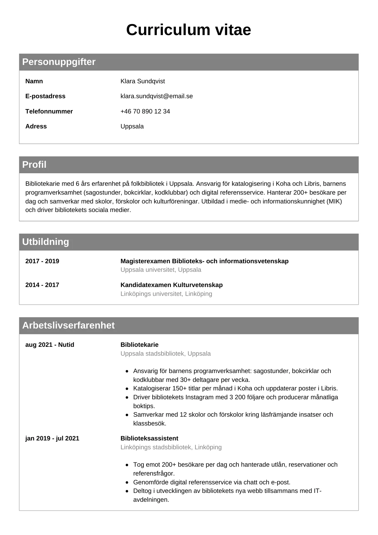 CV-mall Klassisk — gratis CV-mall för din ansökan