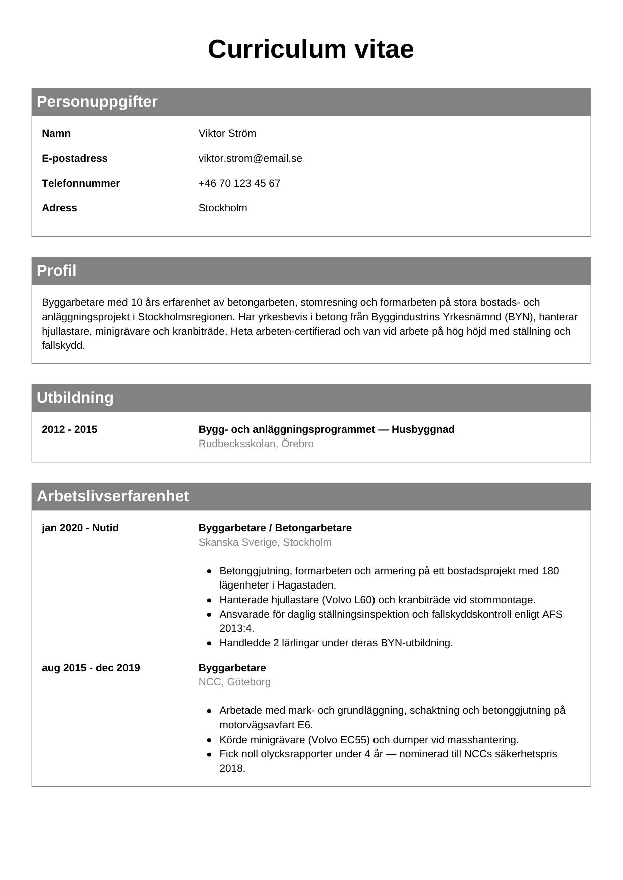 CV-mall Klassisk — gratis CV-mall för din ansökan