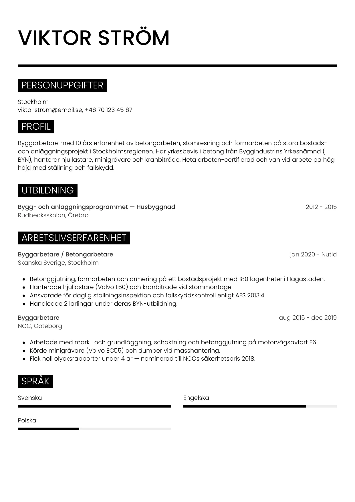 CV-mall Metro — gratis CV-mall för din ansökan