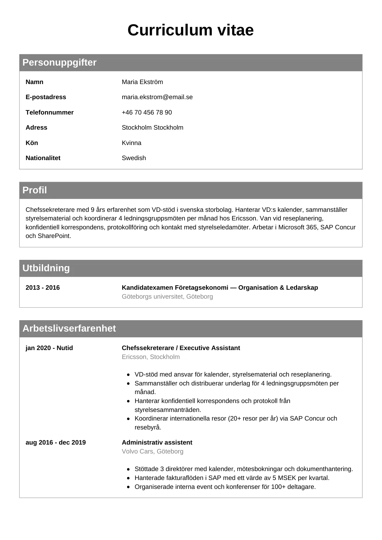 CV-mall Klassisk, gratis CV-mall för din ansökan