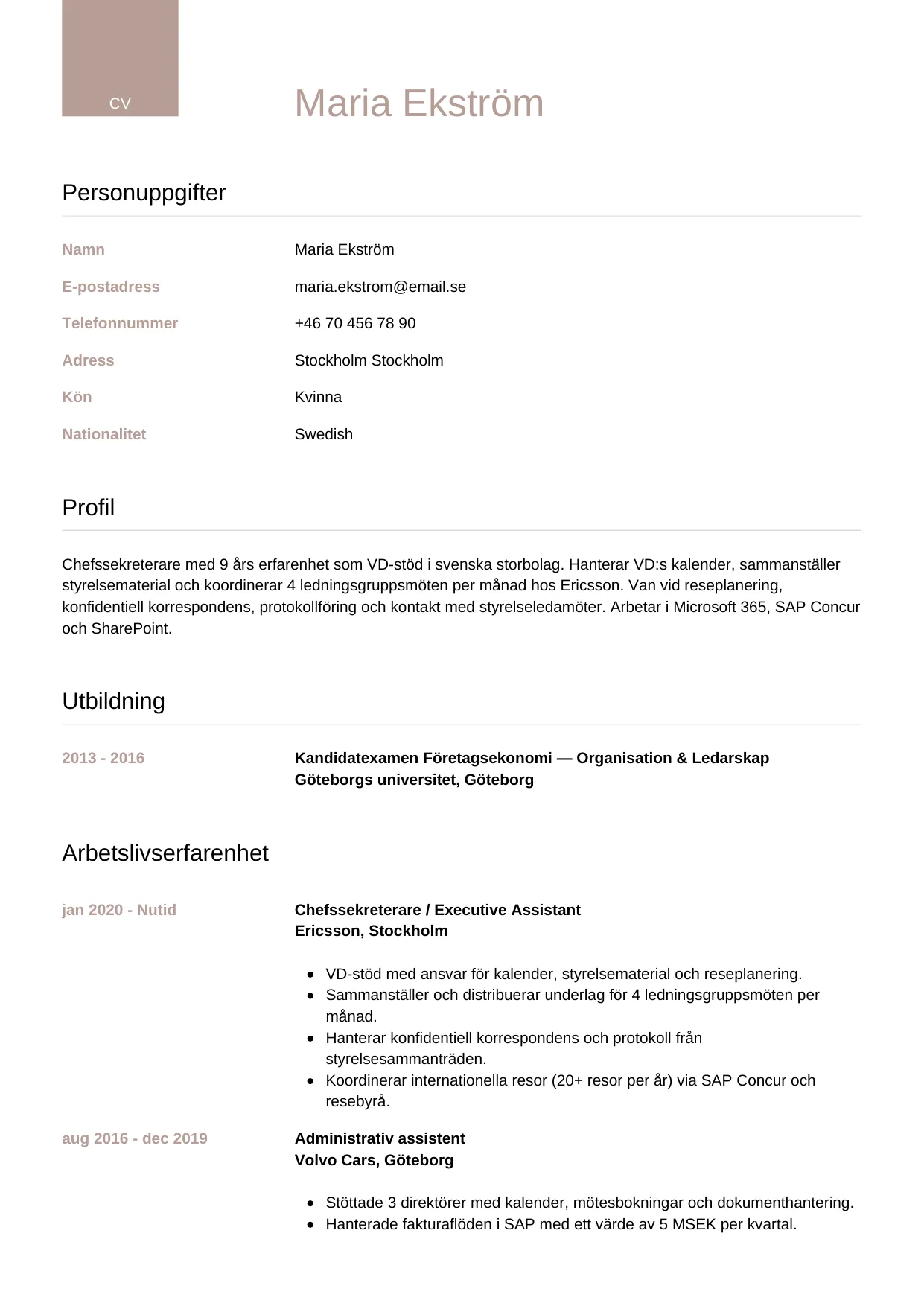 CV-mall Lyxig, gratis CV-mall för din ansökan