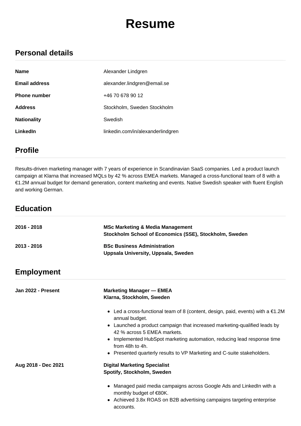 CV-mall Enkel — gratis CV-mall för din ansökan