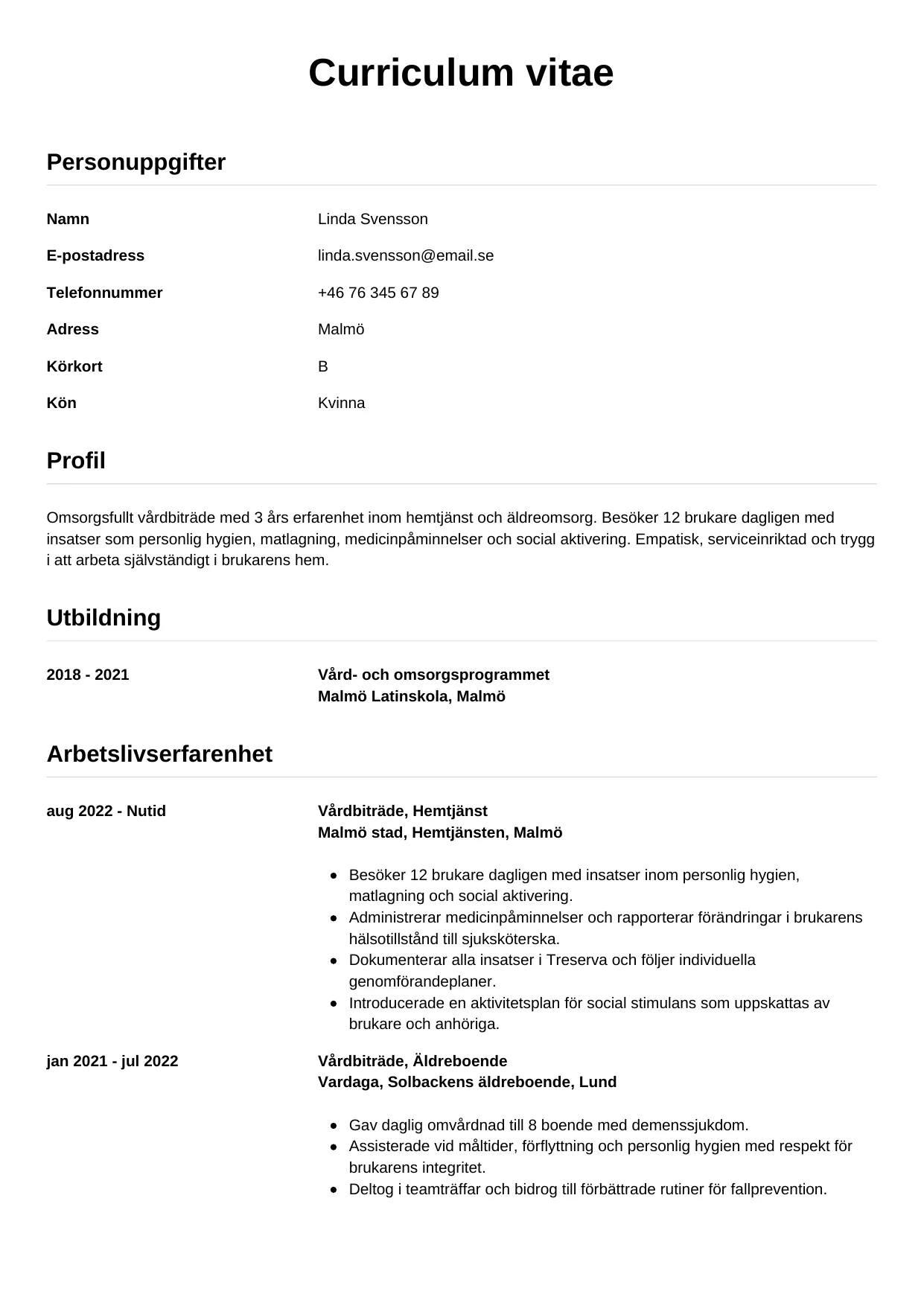 CV-mall Enkel — gratis CV-mall för din ansökan