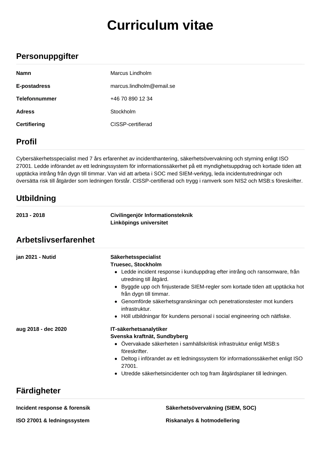CV-mall Enkel — gratis CV-mall för din ansökan