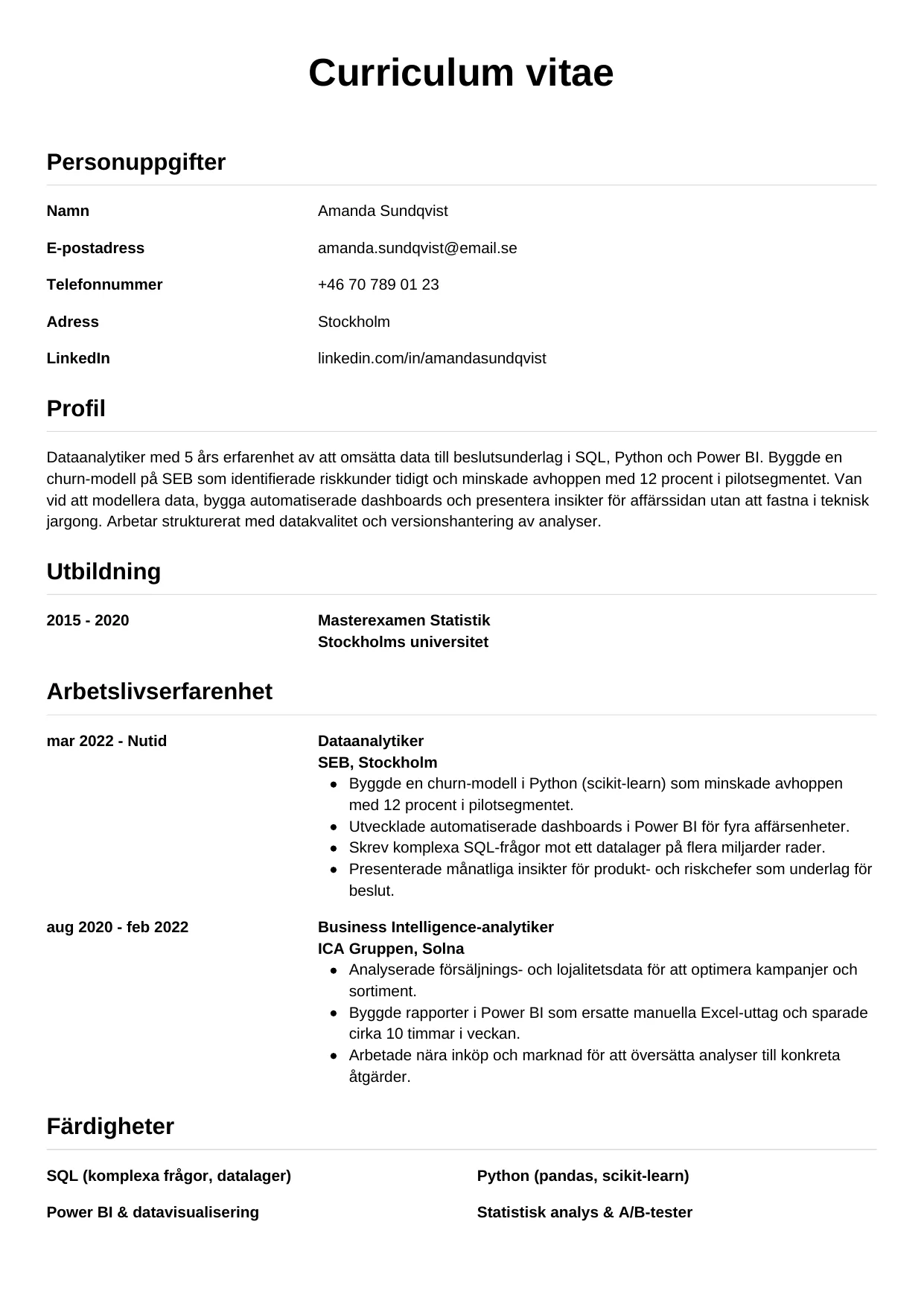 CV-mall Enkel — gratis CV-mall för din ansökan