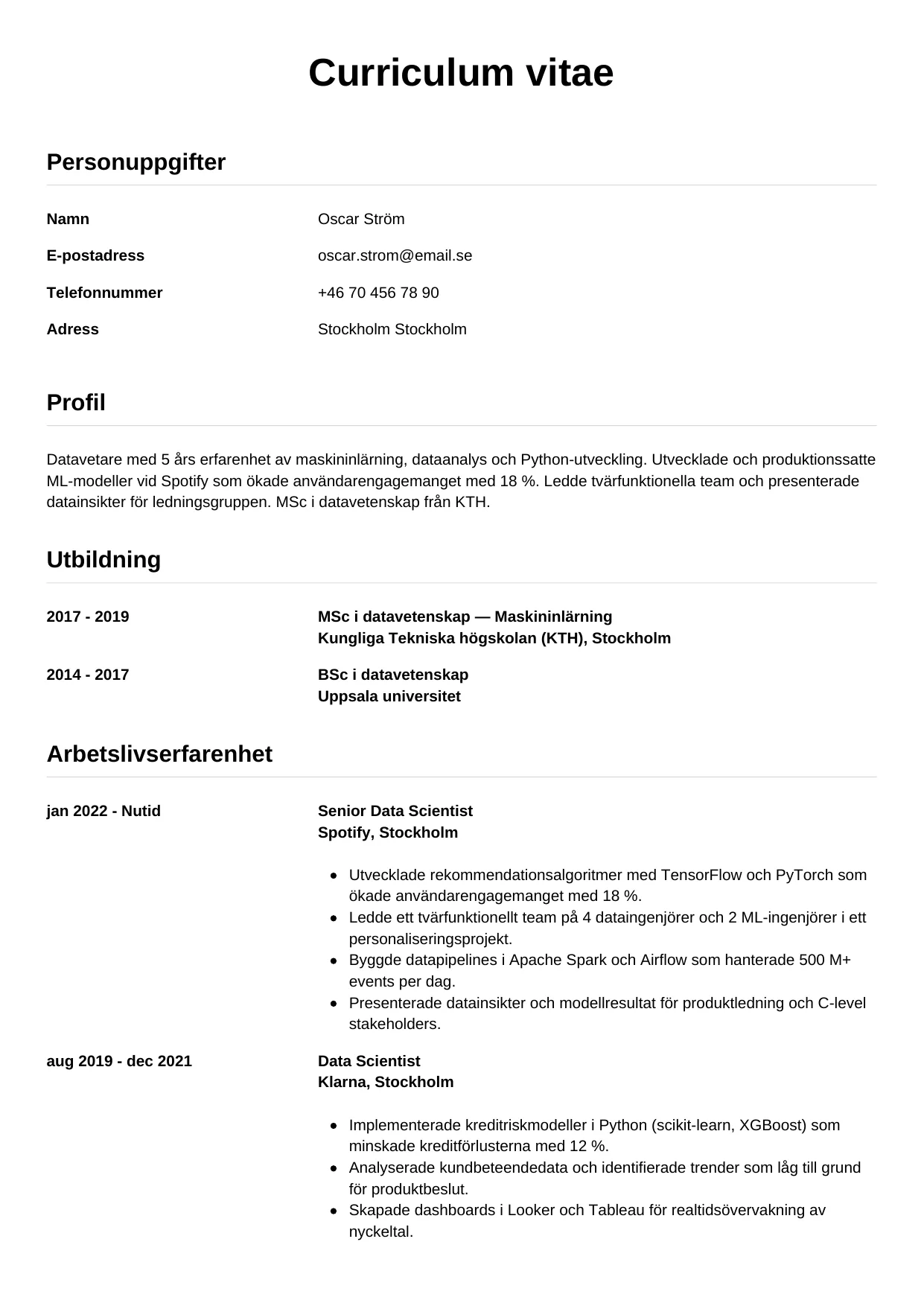 CV-mall Enkel — gratis CV-mall för din ansökan