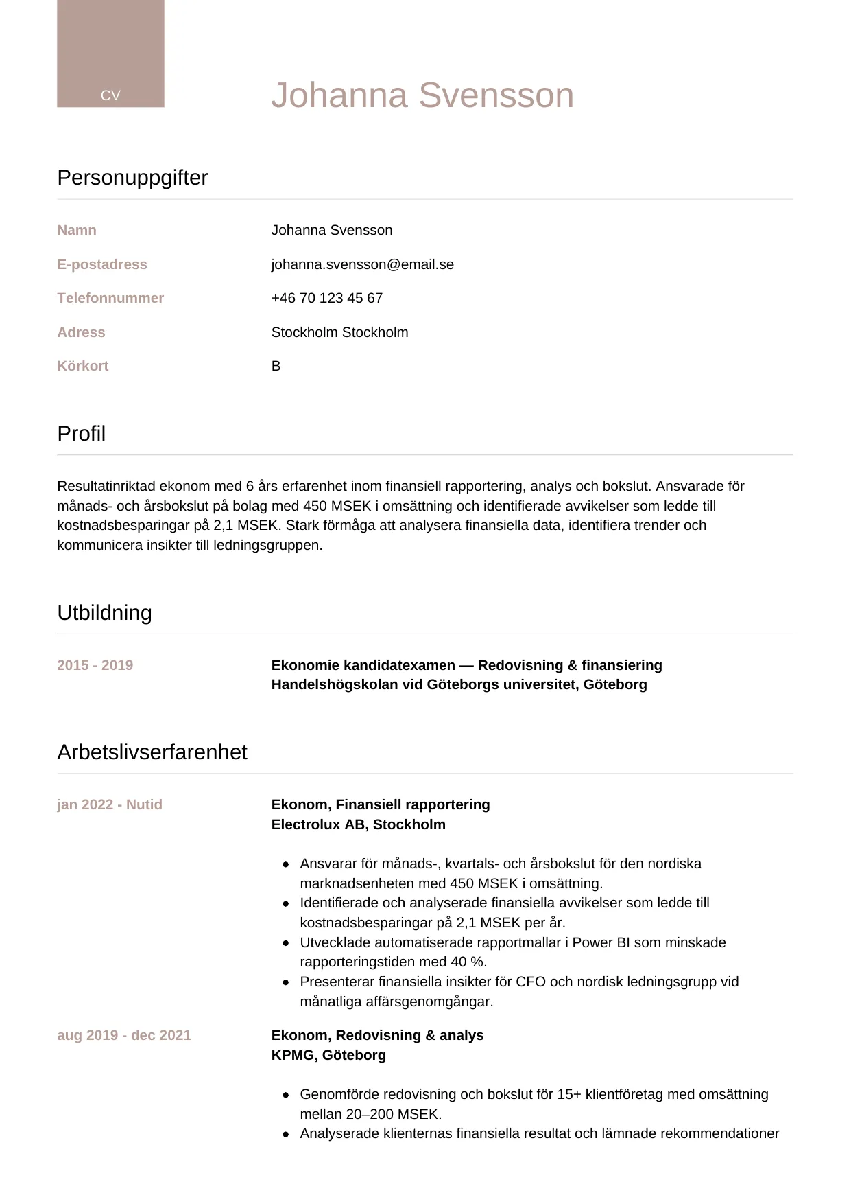 CV-mall Lyxig — gratis CV-mall för din ansökan