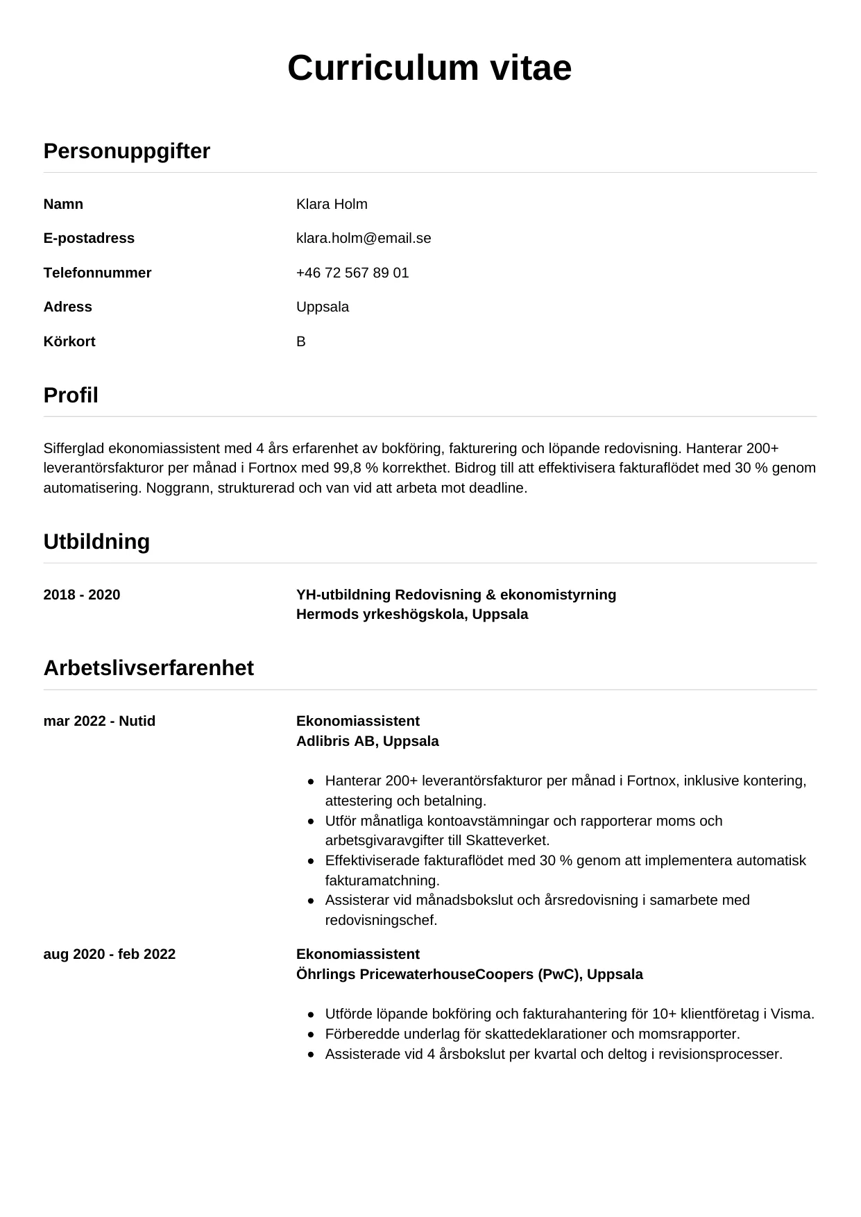 CV-mall Enkel — gratis CV-mall för din ansökan