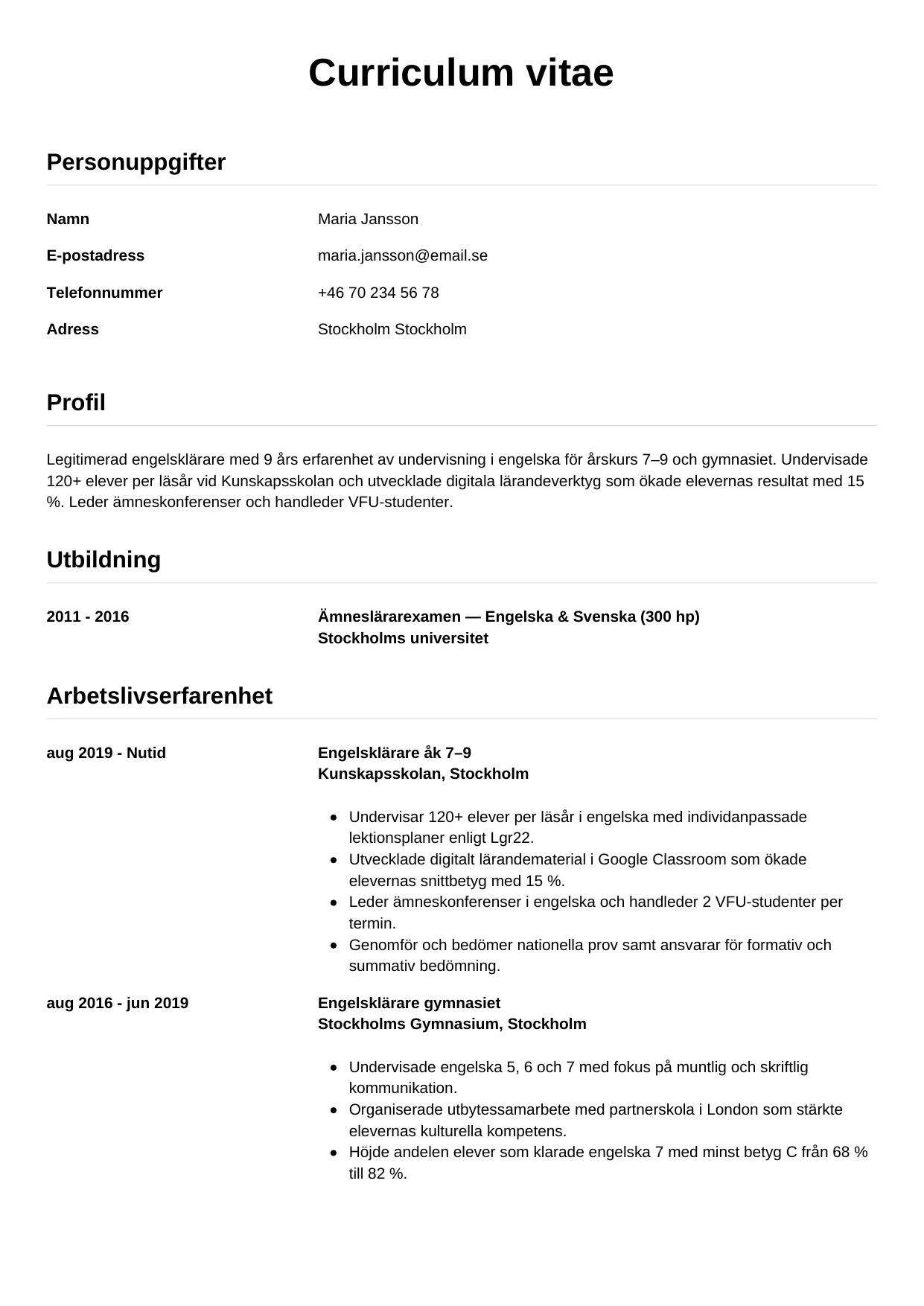 CV-mall Enkel — gratis CV-mall för din ansökan