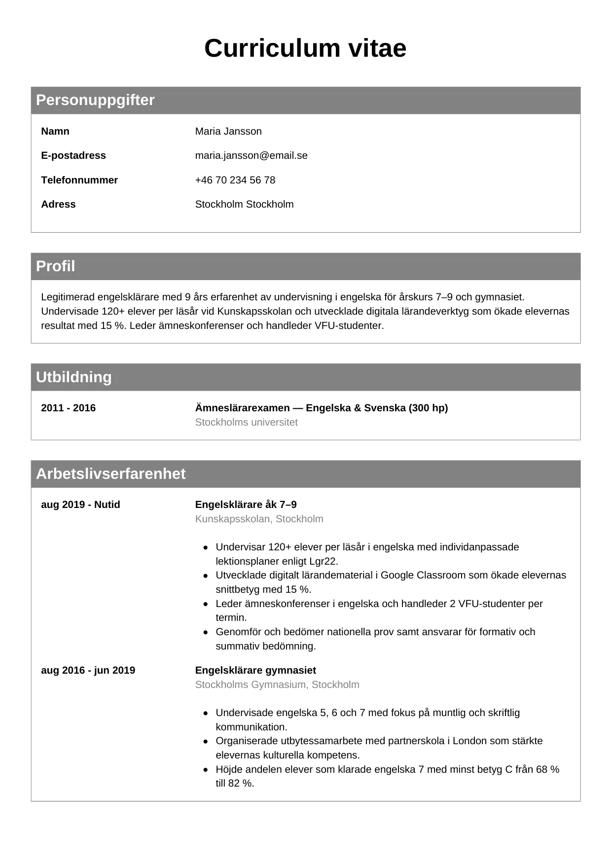 CV-mall Klassisk — gratis CV-mall för din ansökan