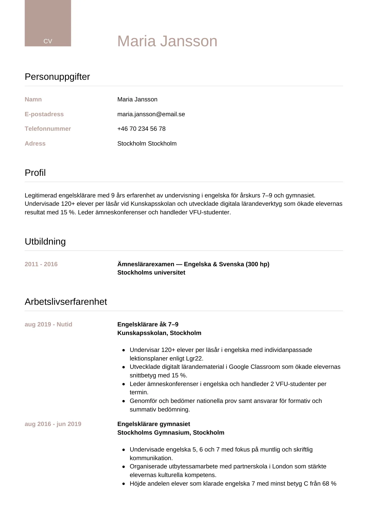 CV-mall Lyxig — gratis CV-mall för din ansökan