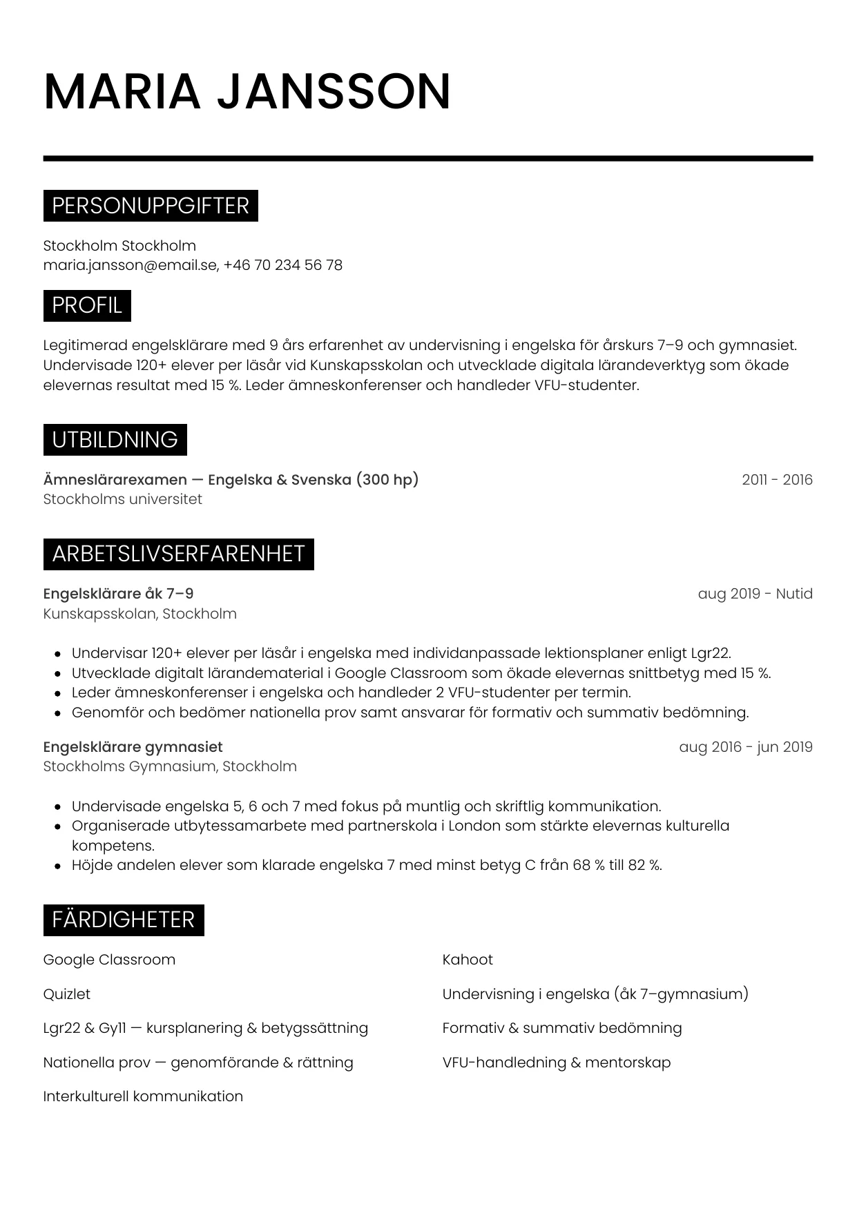 CV-mall Metro — gratis CV-mall för din ansökan