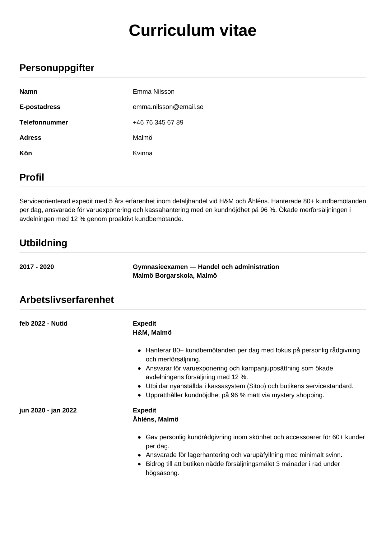 CV-mall Enkel, gratis CV-mall för din ansökan