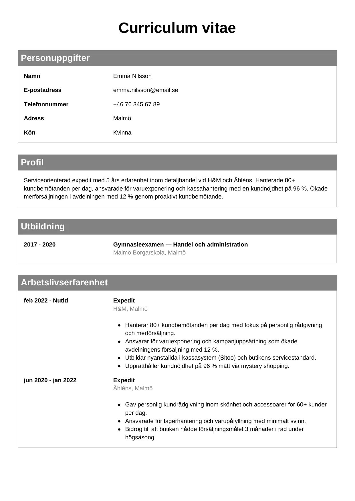 CV-mall Klassisk, gratis CV-mall för din ansökan