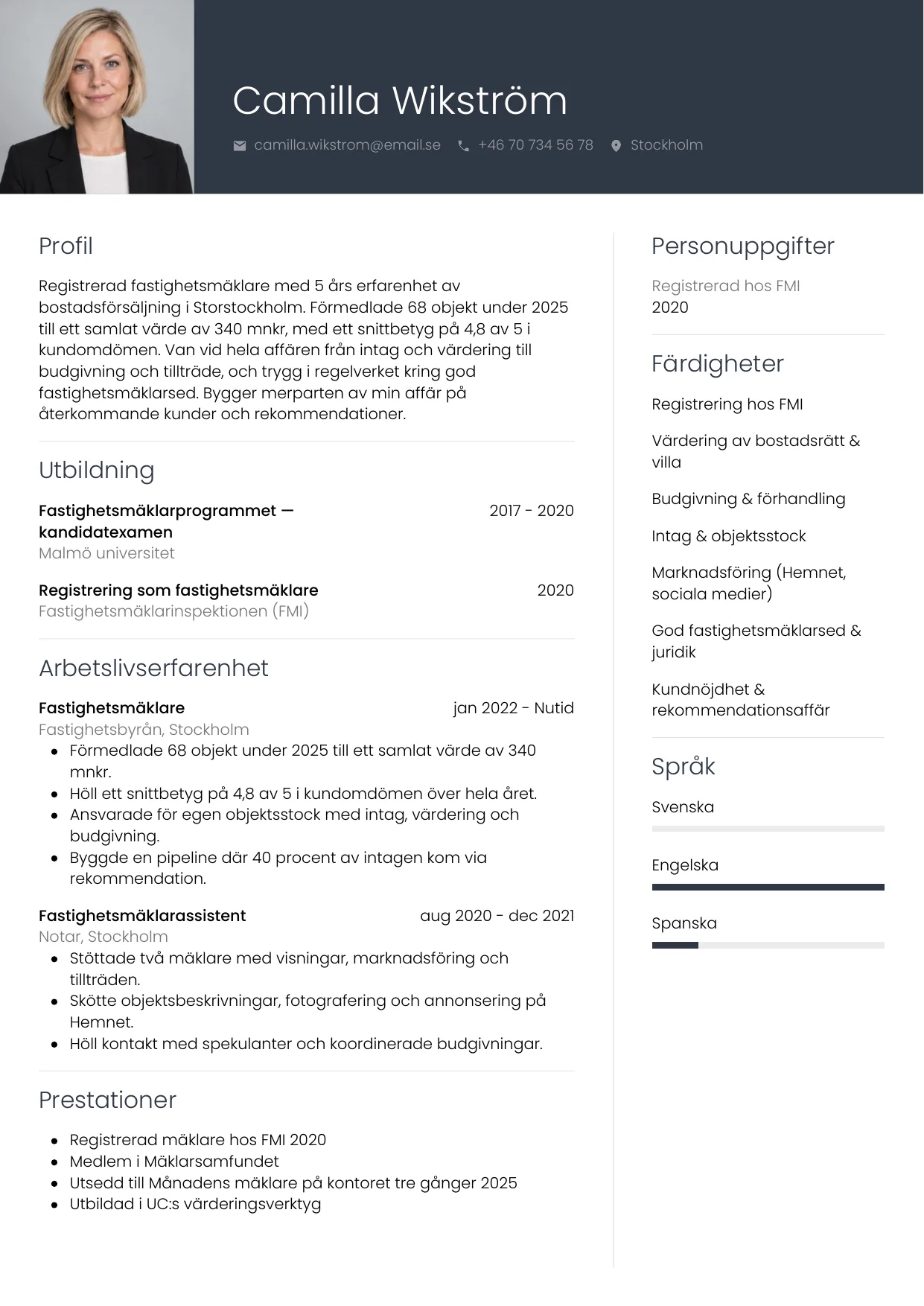 CV-exempel Fastighetsmäklare med foto