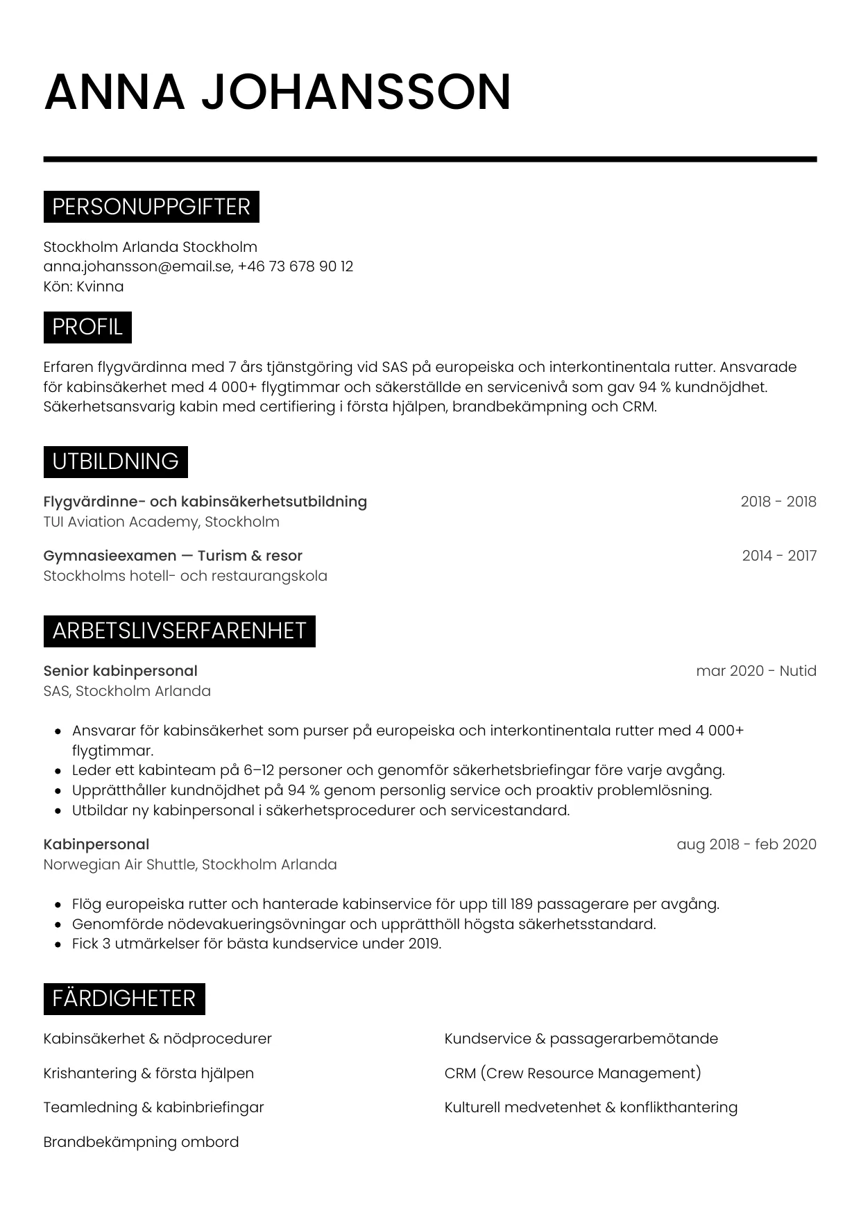 CV-mall Metro — gratis CV-mall för din ansökan