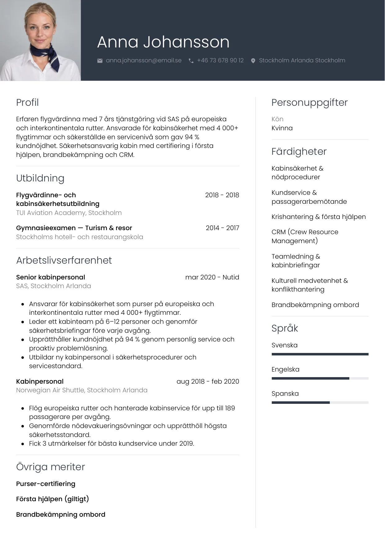 CV-exempel Flygvärdinna med foto