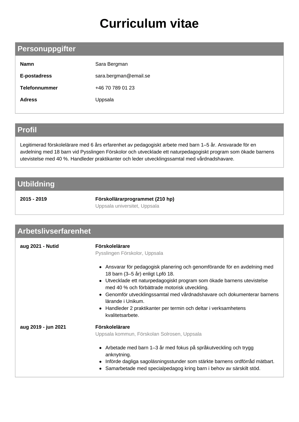 CV-mall Klassisk — gratis CV-mall för din ansökan