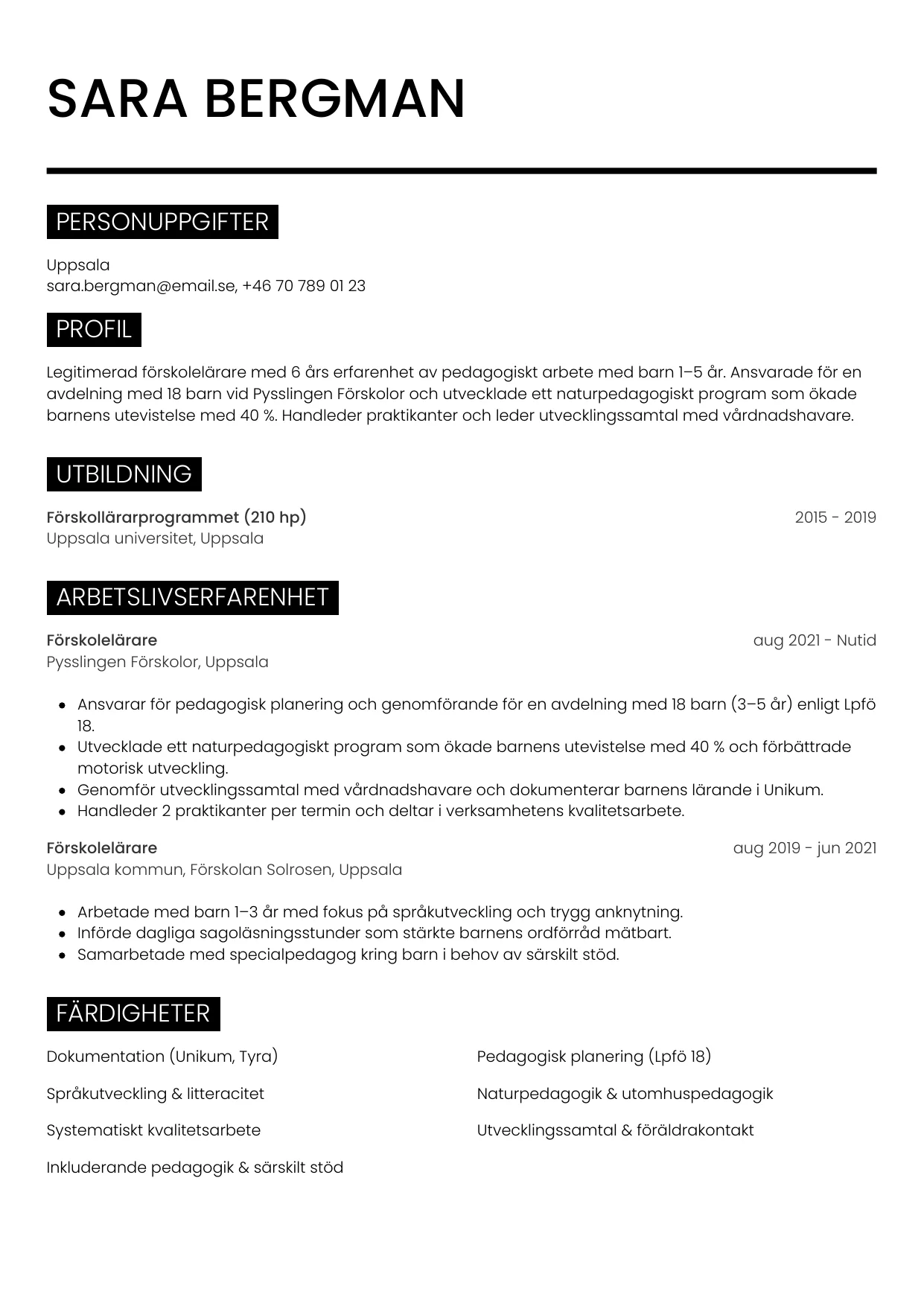 CV-mall Metro — gratis CV-mall för din ansökan