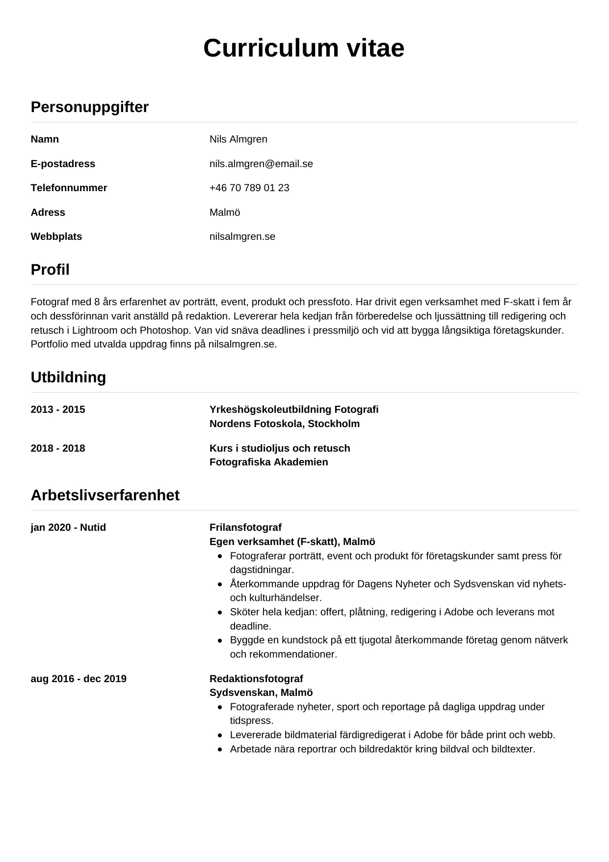 CV-mall Enkel — gratis CV-mall för din ansökan