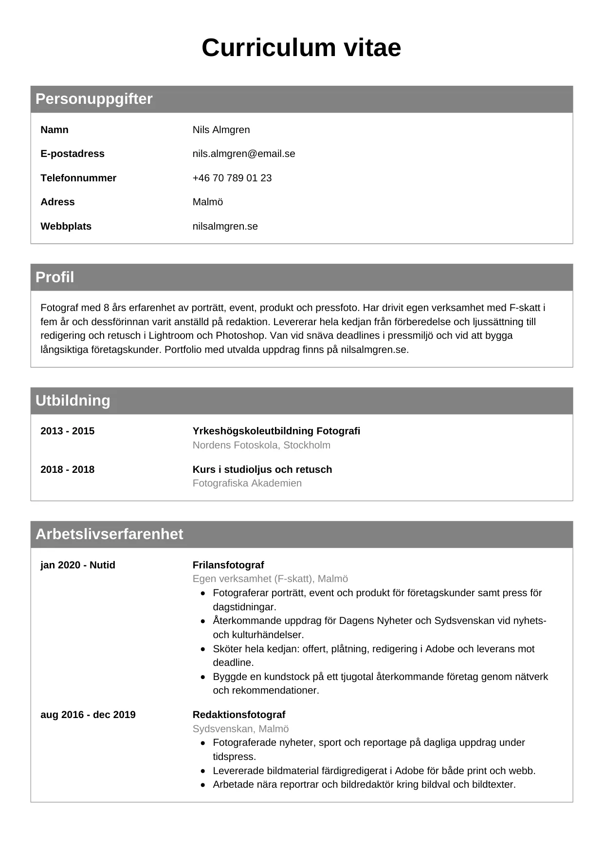 CV-mall Klassisk — gratis CV-mall för din ansökan
