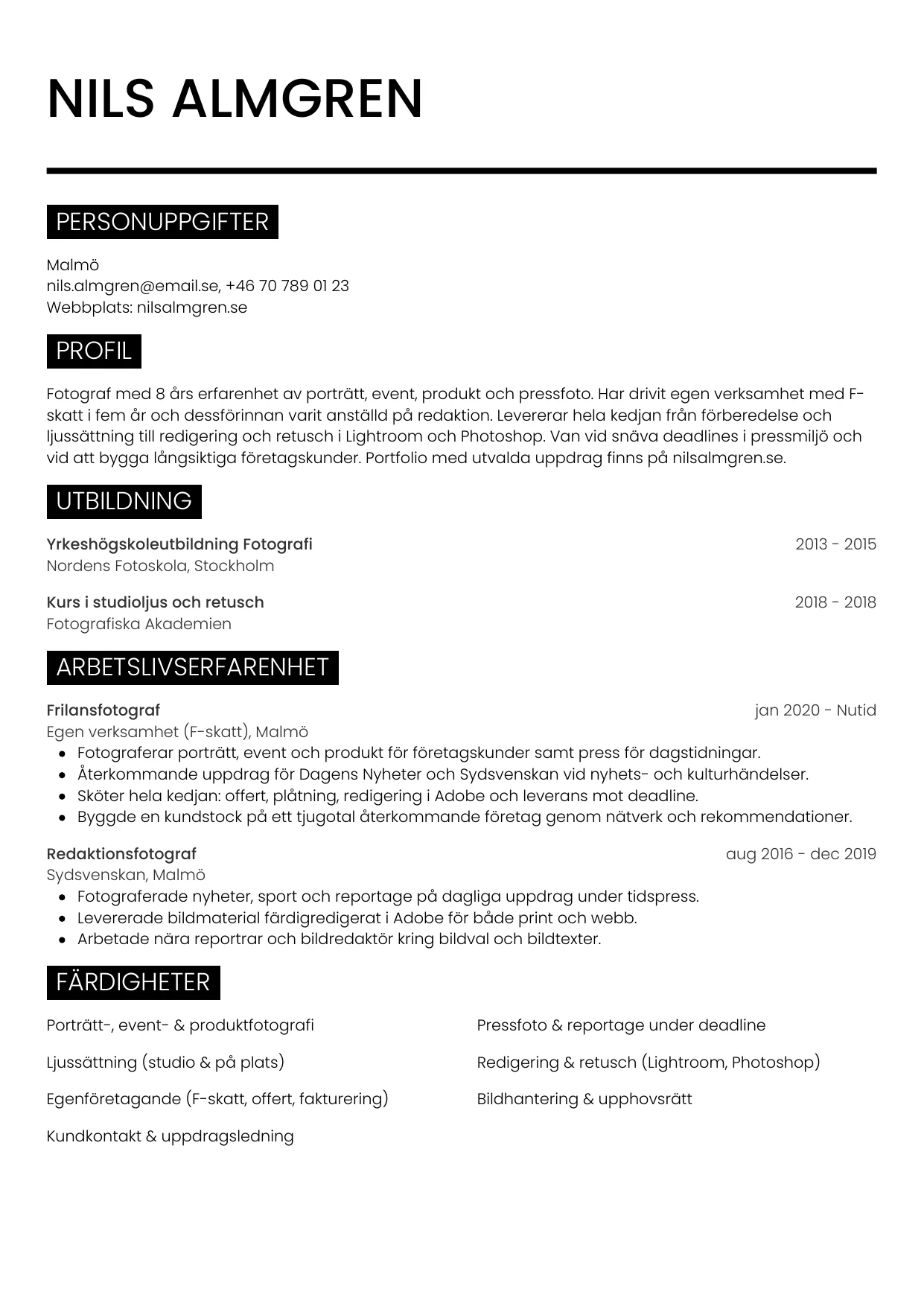 CV-mall Metro — gratis CV-mall för din ansökan