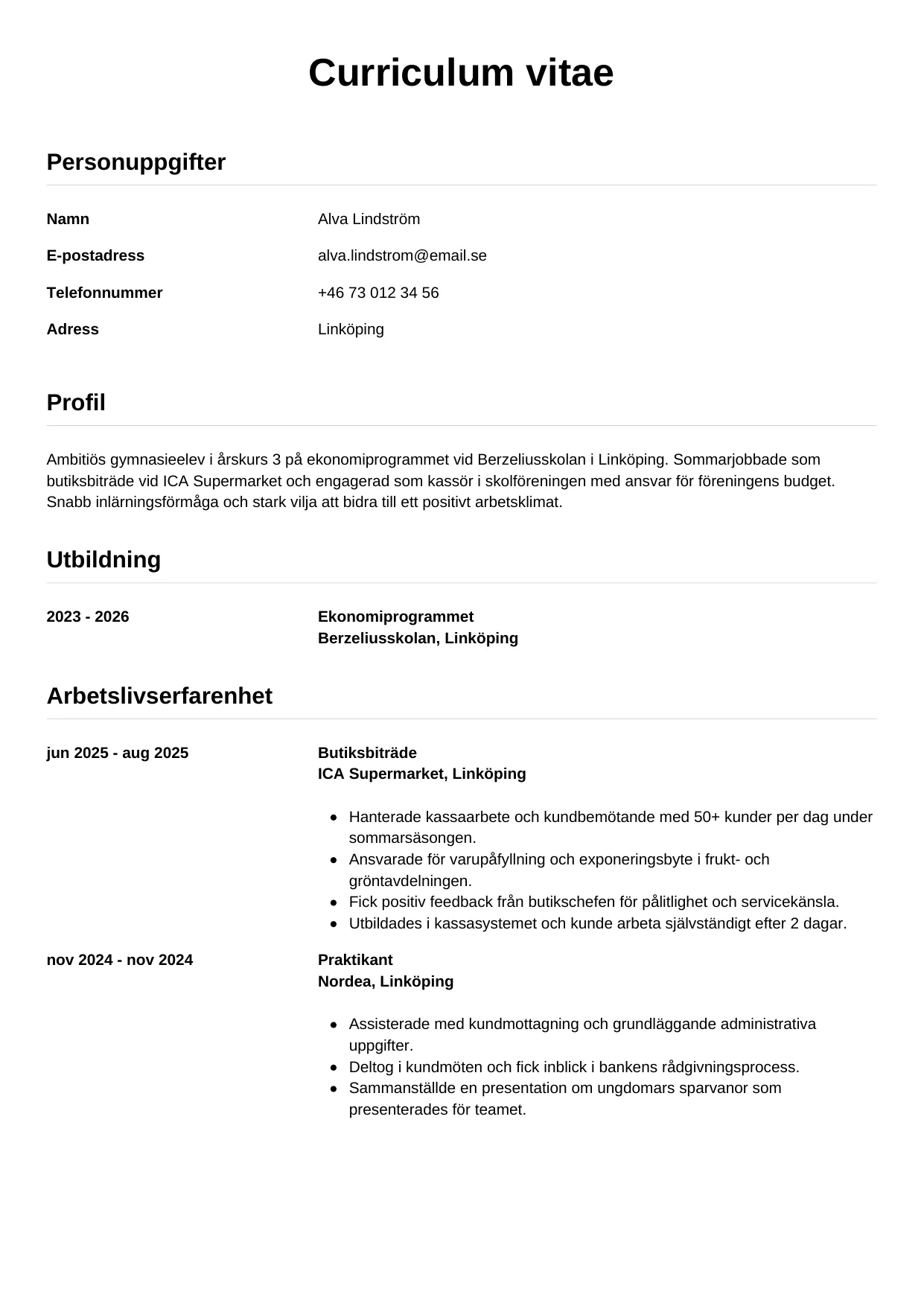 CV-mall Enkel — gratis CV-mall för din ansökan