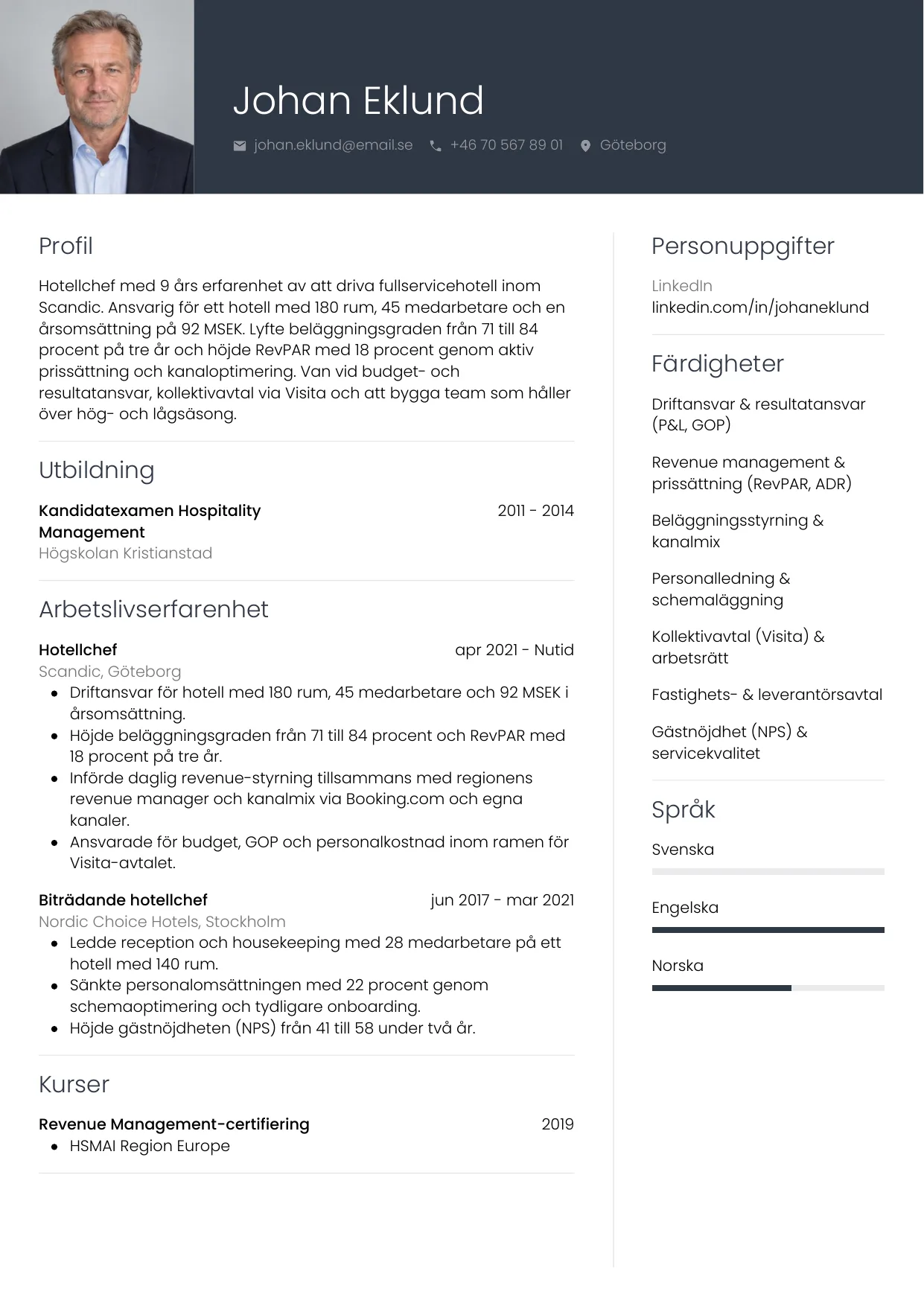 CV-exempel Hotellchef med foto