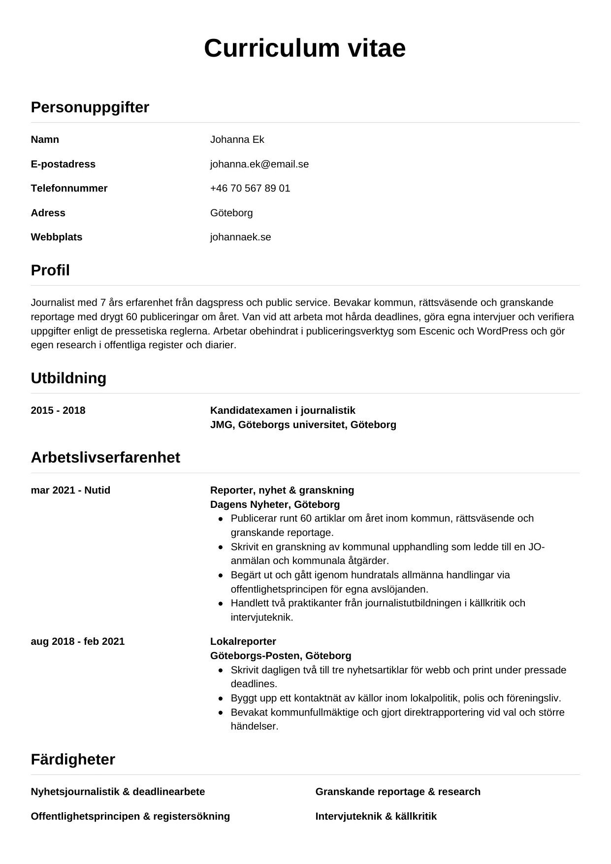 CV-mall Enkel — gratis CV-mall för din ansökan