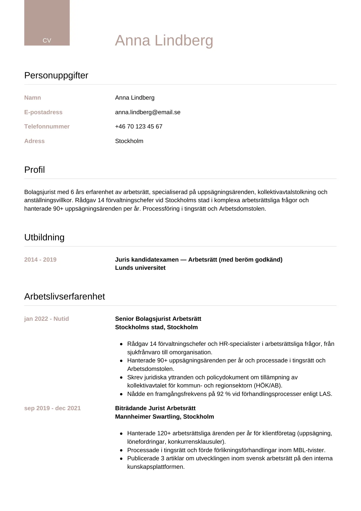 CV-mall Lyxig — gratis CV-mall för din ansökan