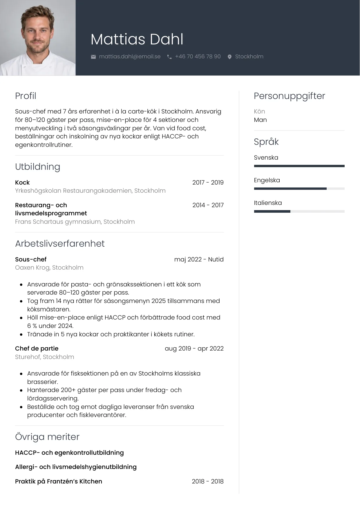 CV-exempel Kock med foto