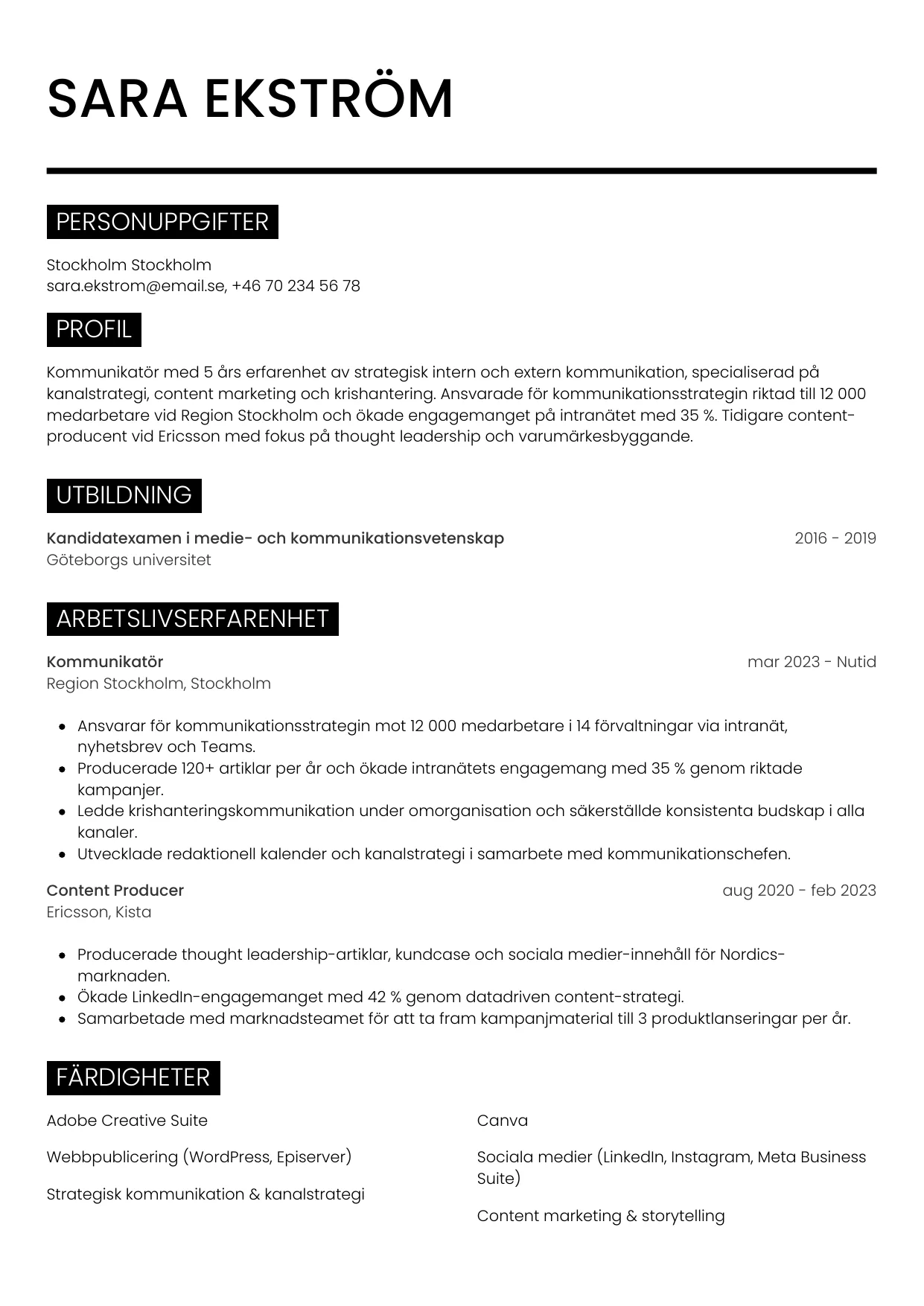 CV-mall Metro — gratis CV-mall för din ansökan