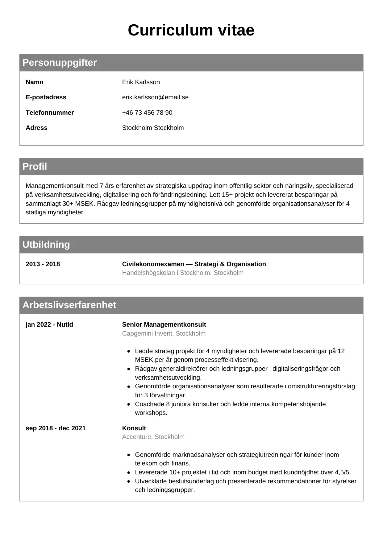 CV-mall Klassisk — gratis CV-mall för din ansökan