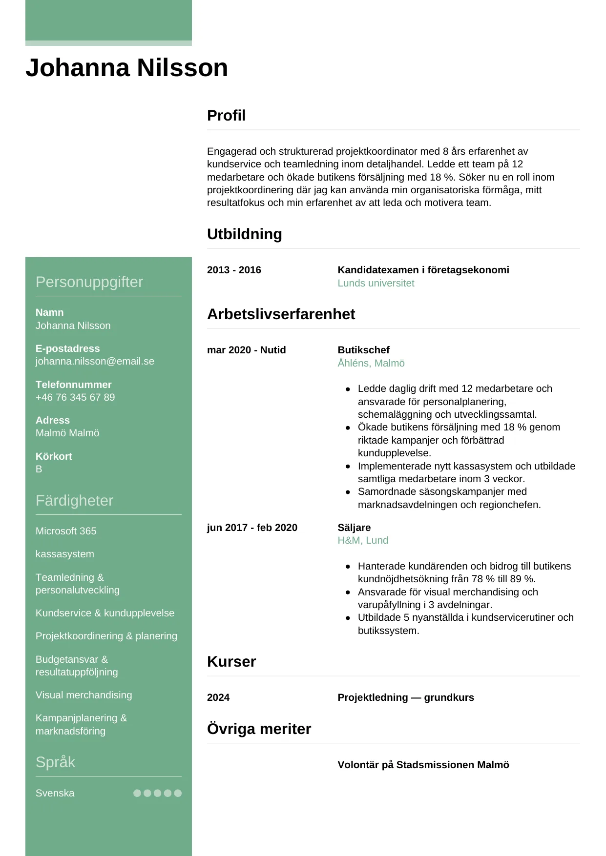 CV-mall Casual, gratis CV-mall för din ansökan