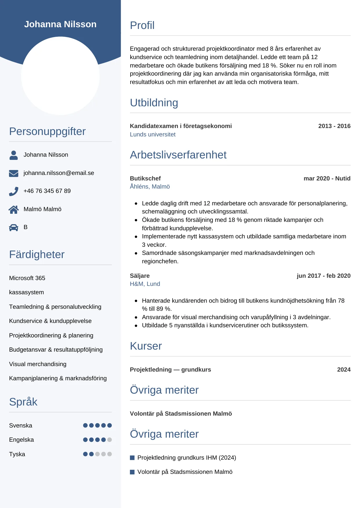 CV-mall Cirkulär, gratis CV-mall för din ansökan