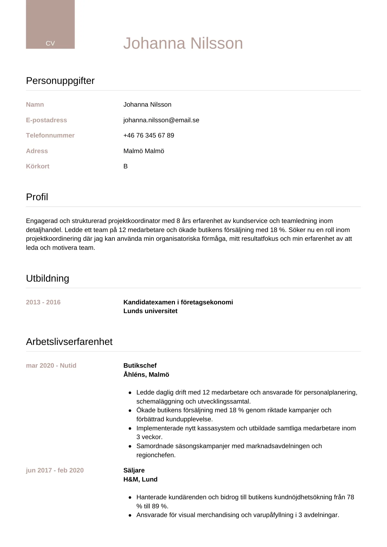 CV-mall Lyxig — gratis CV-mall för din ansökan