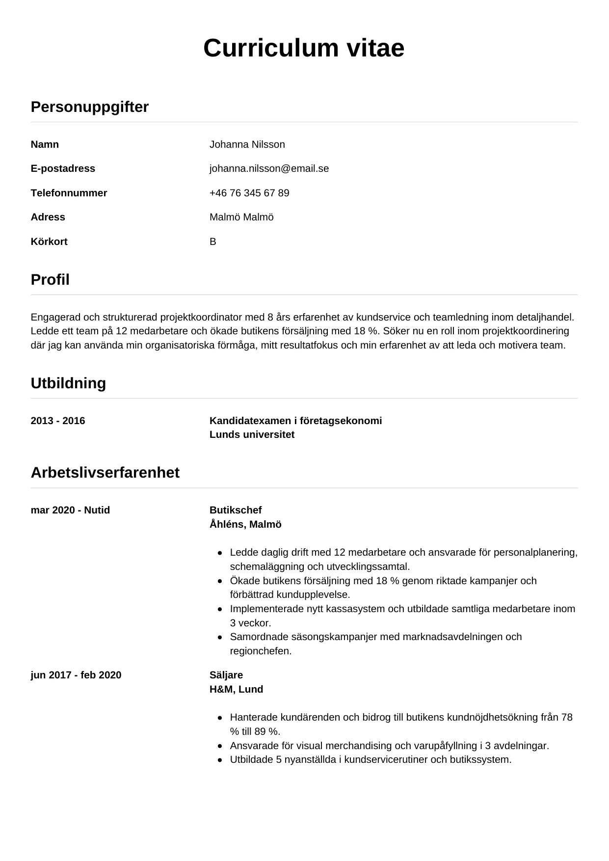 CV-mall Enkel, gratis CV-mall för din ansökan