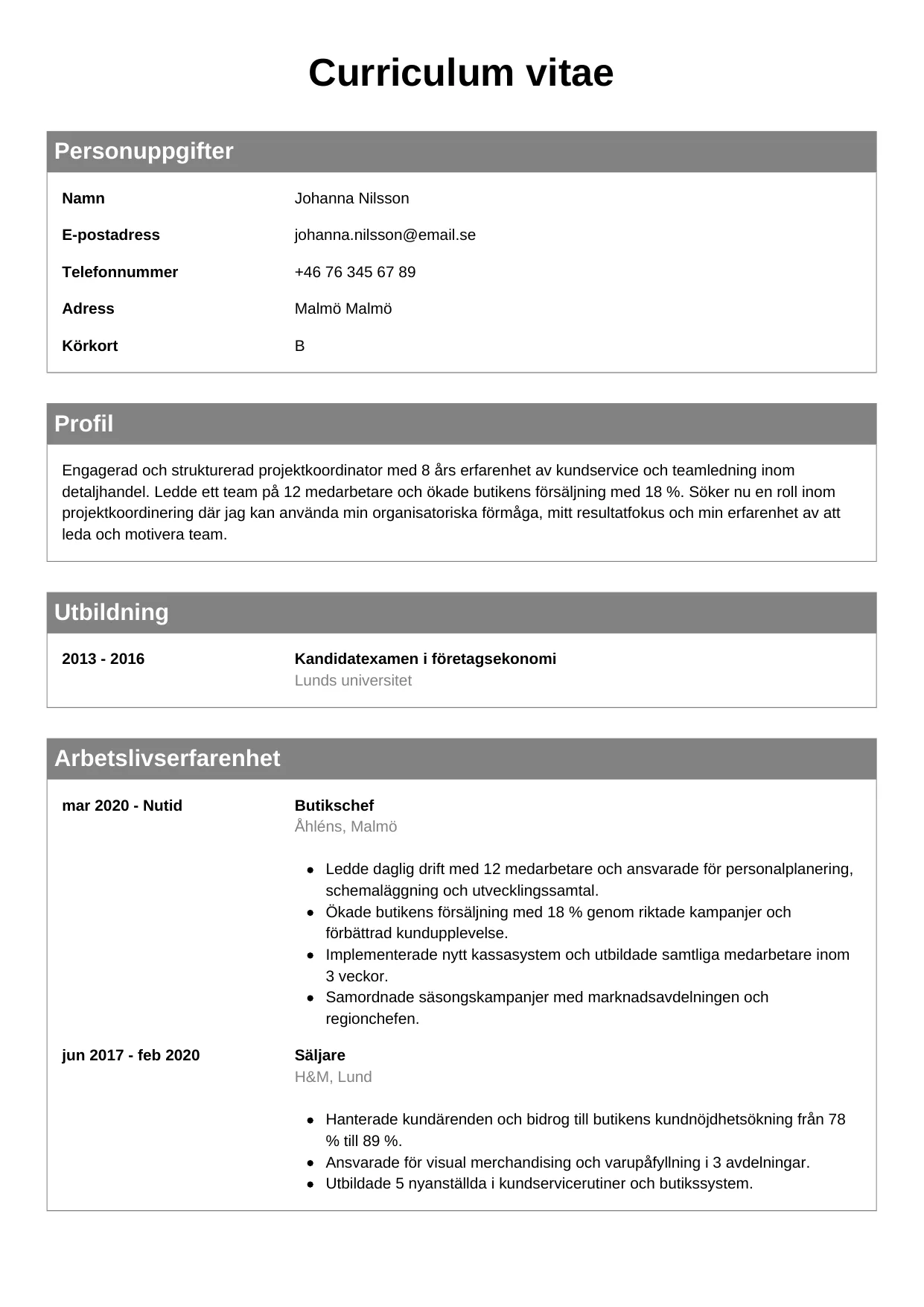 CV-mall Klassisk, gratis CV-mall för din ansökan