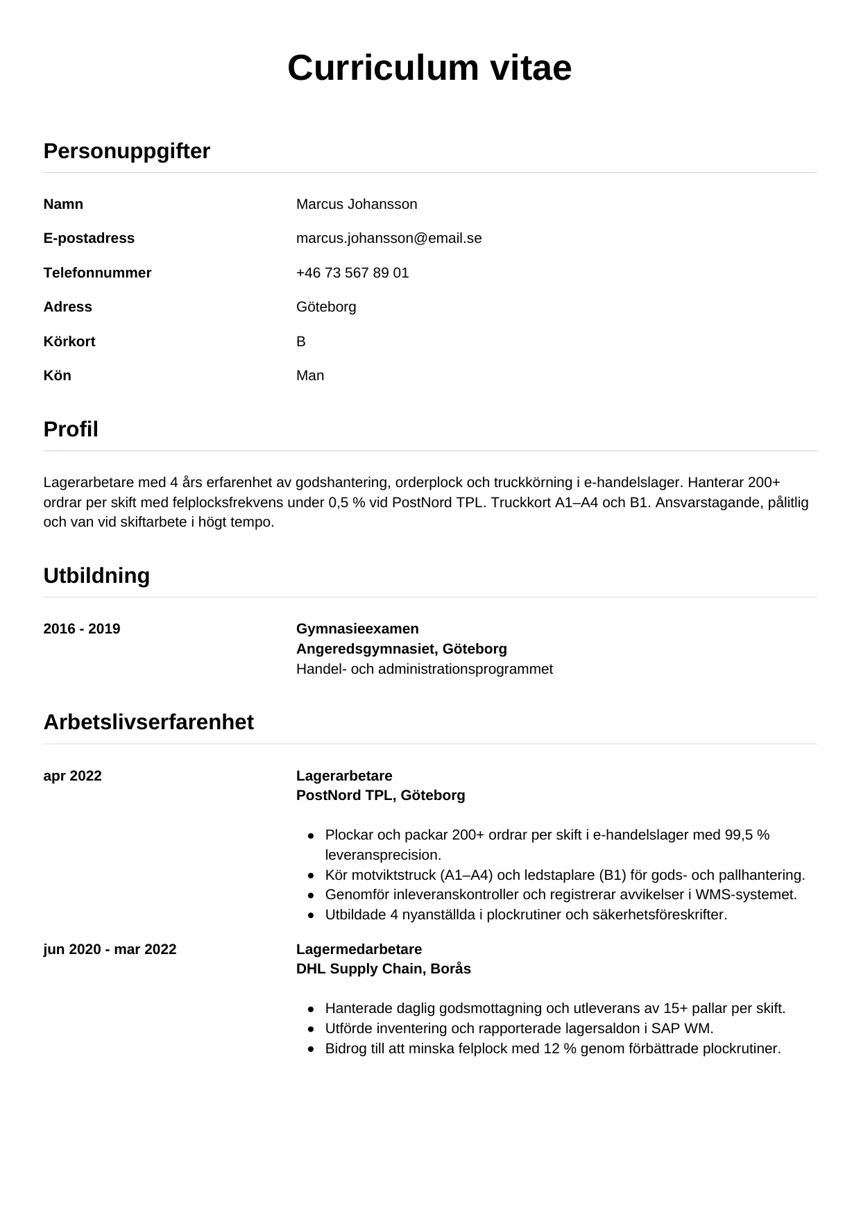 CV-mall Enkel — gratis CV-mall för din ansökan