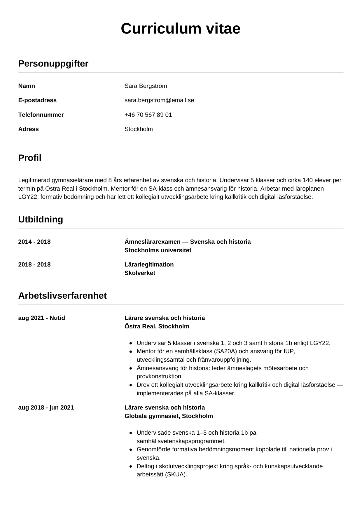 CV-mall enkel för larare