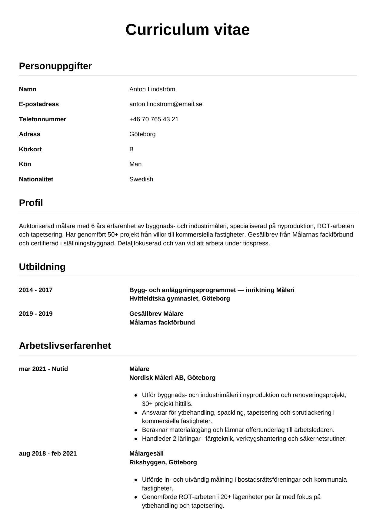 CV-mall Enkel — gratis CV-mall för din ansökan