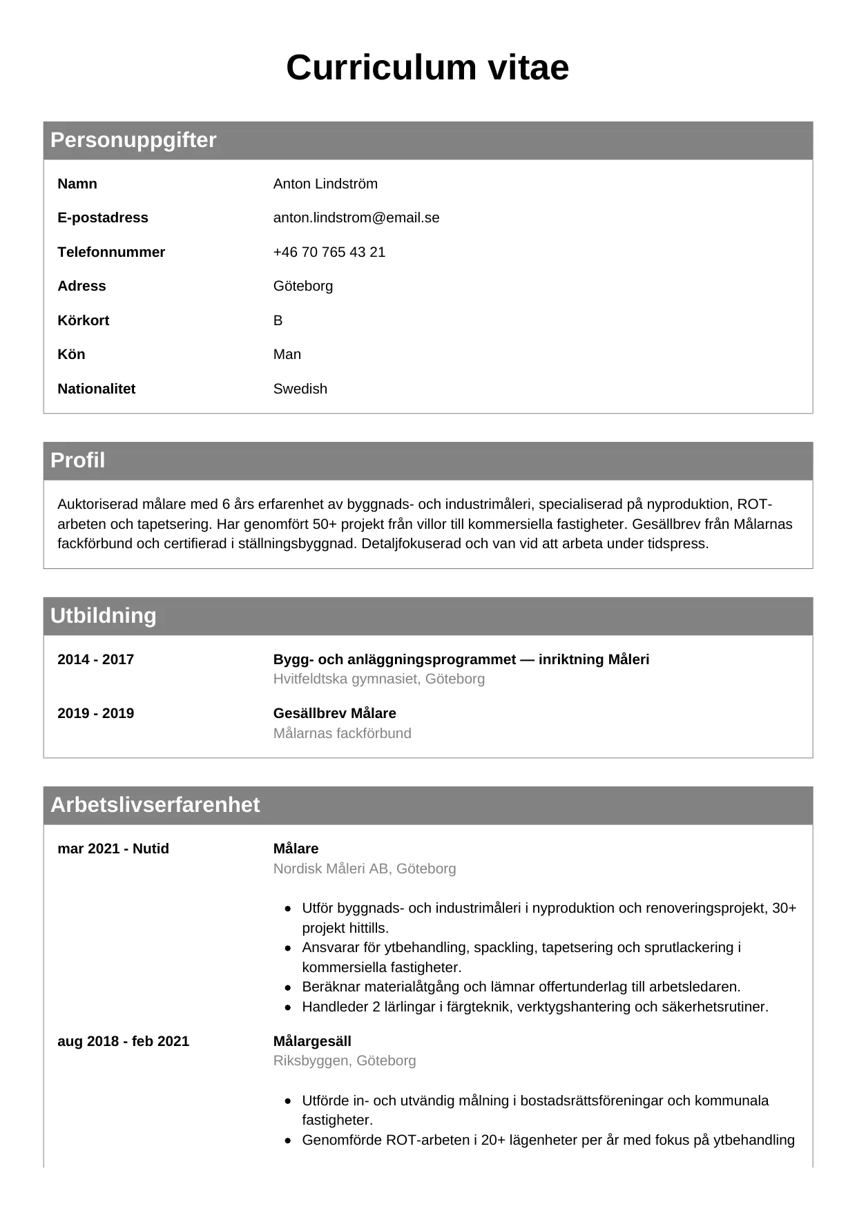 CV-mall Klassisk — gratis CV-mall för din ansökan