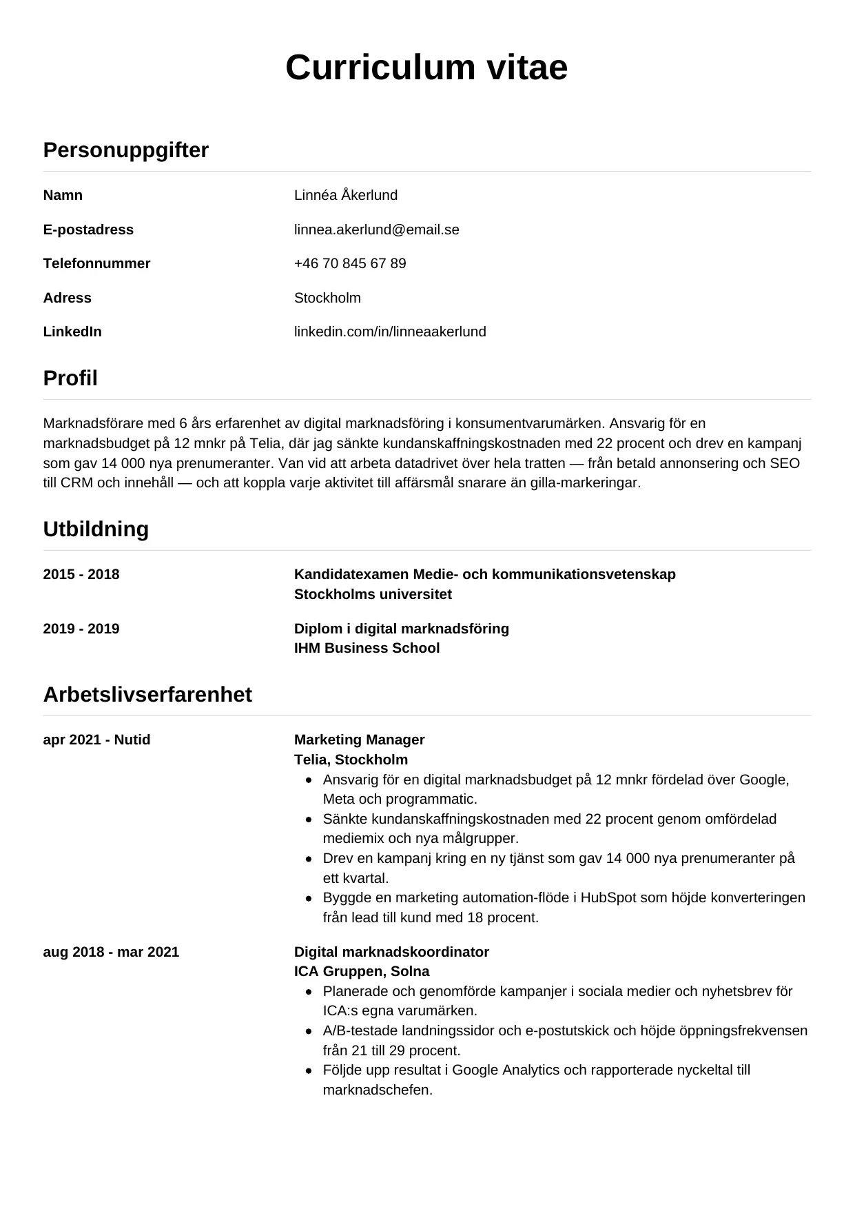 CV-mall Enkel — gratis CV-mall för din ansökan